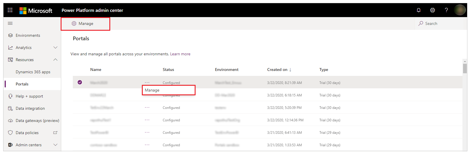 Xestionar un portal desde o centro de administración de Power Platform.