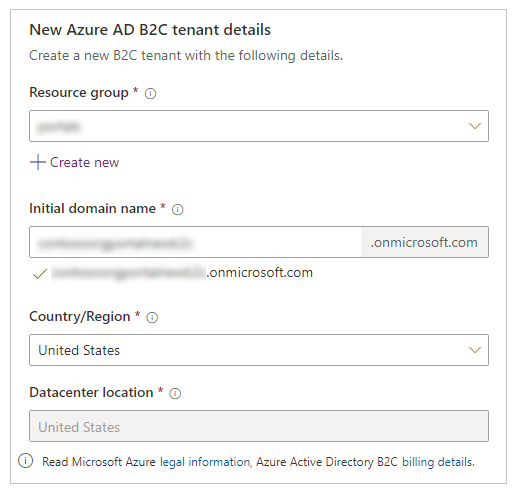 Detalles do novo arrendatario de Azure AD B2C.