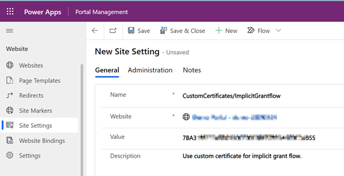 Menú Xeral para a configuración do novo sitio cos valores especificados.