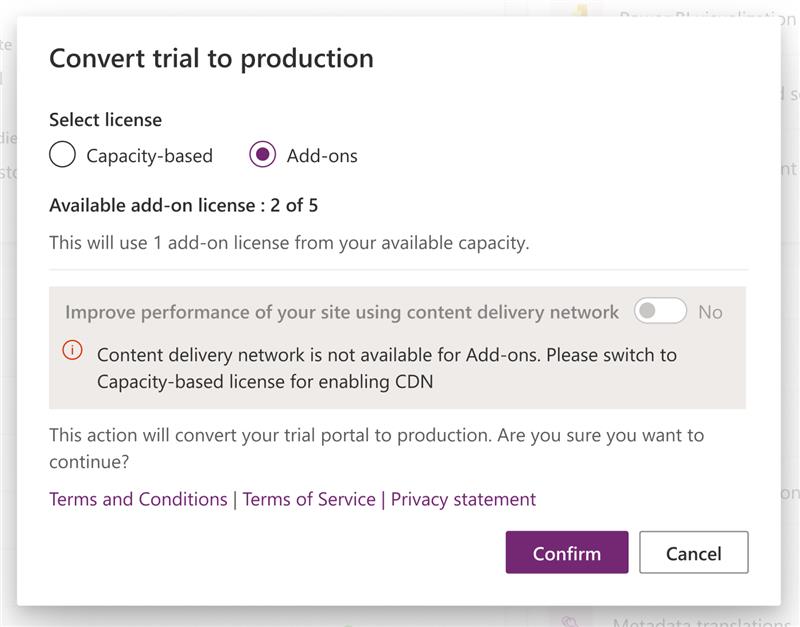 Unha captura de pantalla do Convert a opcións de produción dentro Power Platform do centro de administración coa opción de licenza Add-ons seleccionada.