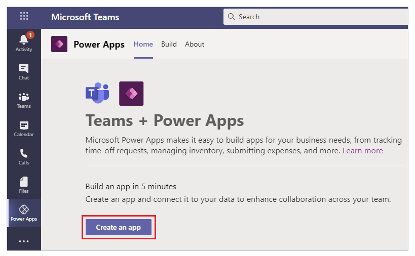 Crear unha aplicación a partir da páxina de inicio de Power Apps.