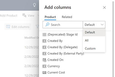 Unha captura de pantalla da lista de columnas predeterminadas que están dispoñibles para engadir a unha vista.