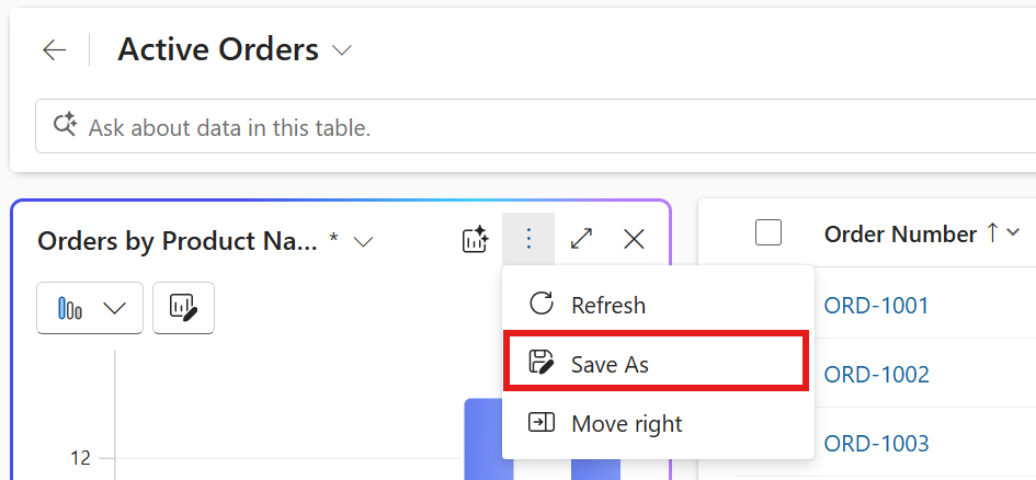 Captura de pantalla que mostra as opcións despois de premer os tres puntos no gráfico de visualización de datos.