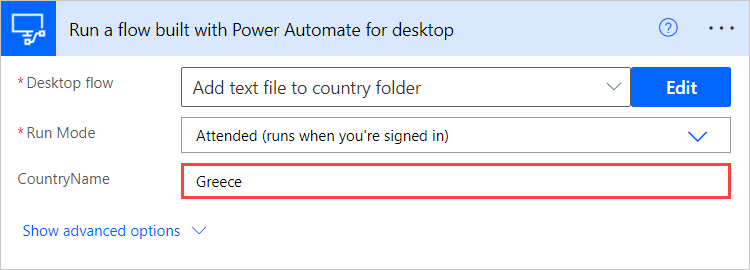 Captura de pantalla das variables de entrada no Executar un fluxo creado con Power Automate para a acción do escritorio.