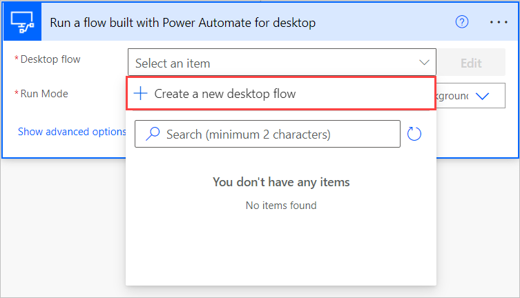 Captura de pantalla da opción da opción Executar un fluxo construído con Power Automate para a acción do escritorio.