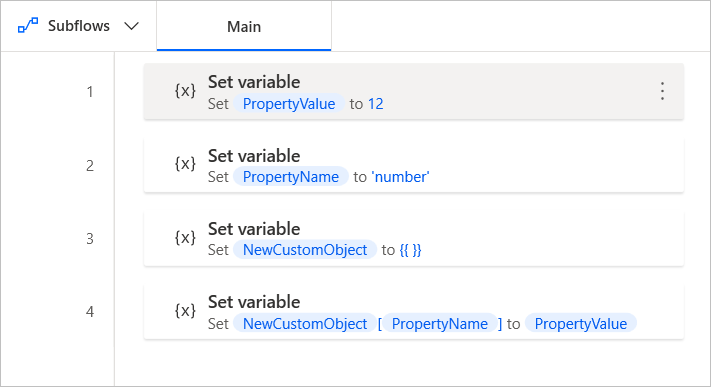 Captura de pantalla dun fluxo que usa variables para engadir unha nova propiedade a un obxecto personalizado.