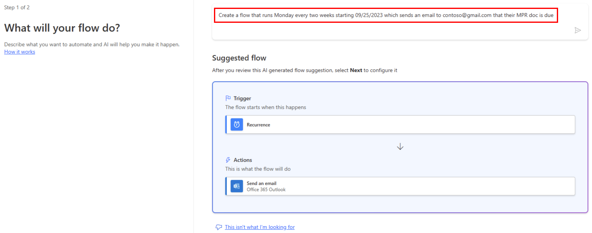 Captura de pantalla dunha solicitude para crear un fluxo programado.