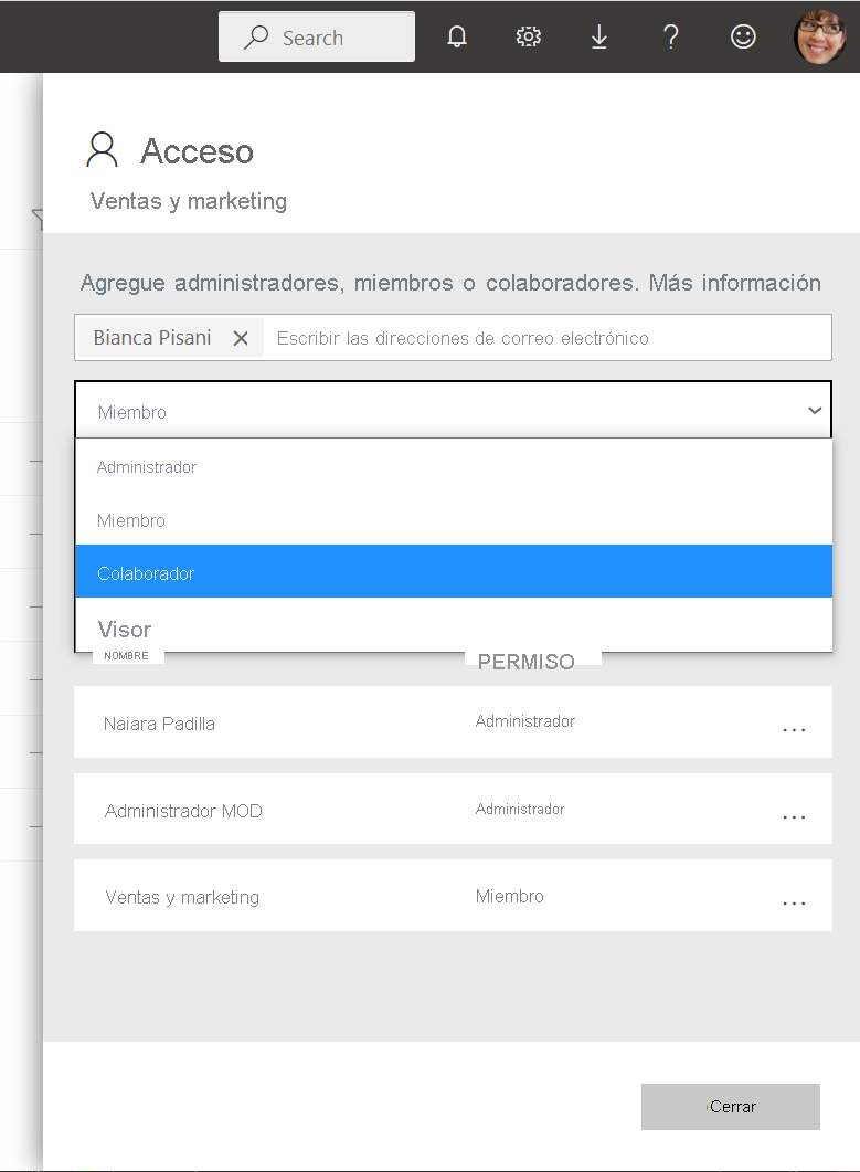 Captura de pantalla de la configuración de roles en el cuadro de diálogo de Acceso al área de trabajo