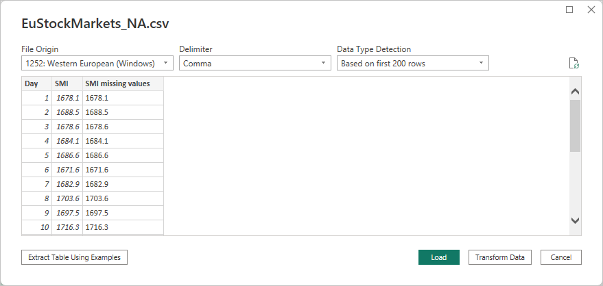 Captura de pantalla del cuadro de diálogo del archivo CSV, que muestra el archivo CSV seleccionado.