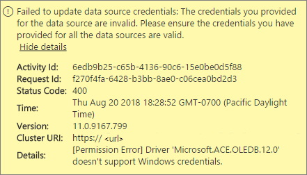 Captura de pantalla en la que se muestra un mensaje de error de credenciales del origen de datos.