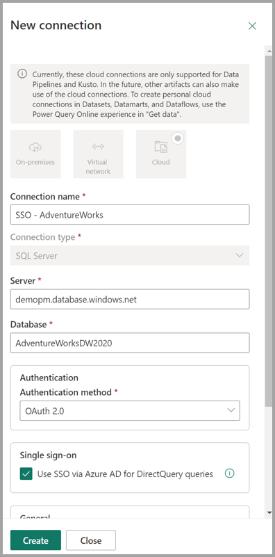 Captura de pantalla de la configuración de la nueva conexión.