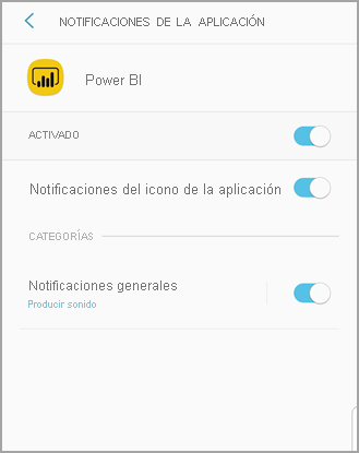 Screenshot shows an Android phone screen titled Power B I where you can allow and manage notifications.