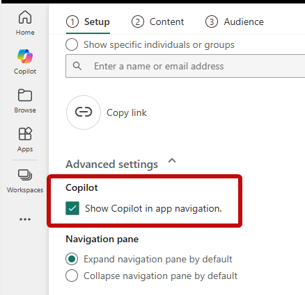 Captura de pantalla de la configuración de ámbito de la aplicación Copilot en las opciones de publicación de aplicaciones de Power BI.