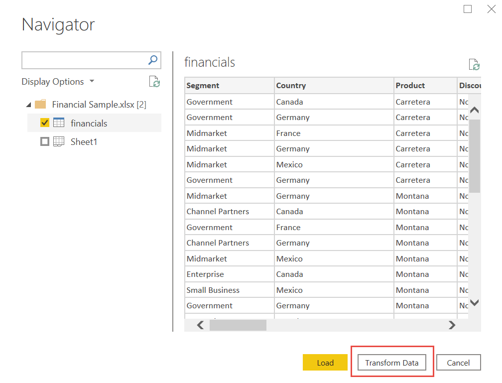 Captura de pantalla del Navegador de Power BI con datos de ejemplo financieros.