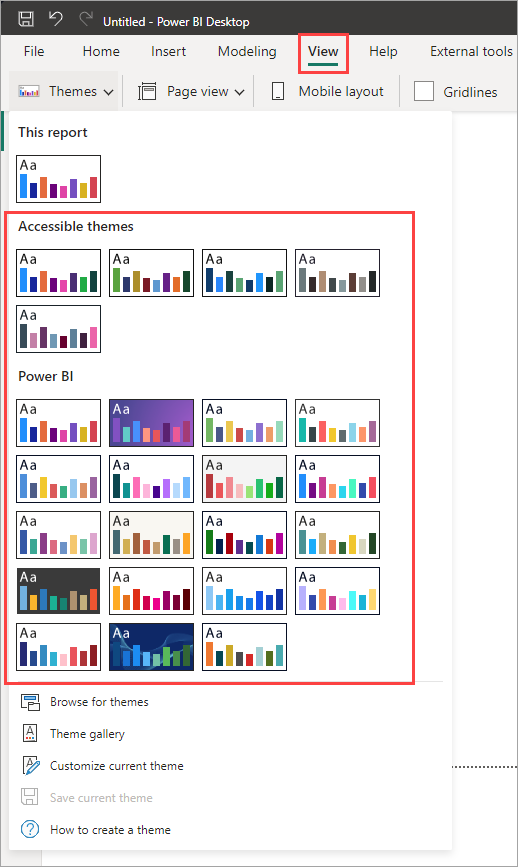 Captura de pantalla que muestra el menú desplegable Temas de Power BI con todos los temas resaltados.