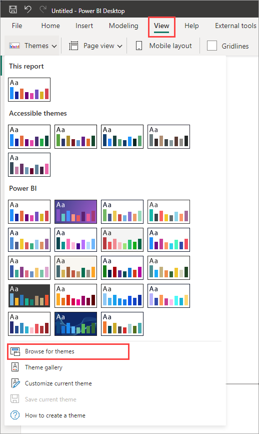 Captura de pantalla que muestra el menú desplegable Temas de Power BI con la opción Explorar temas resaltada.