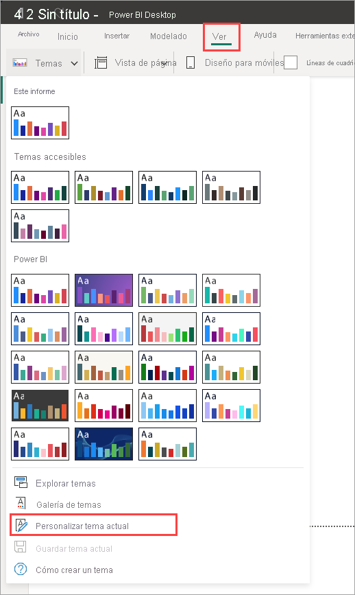 Captura de pantalla que muestra el menú desplegable Temas de Power BI con la opción Personalizar tema actual resaltada.