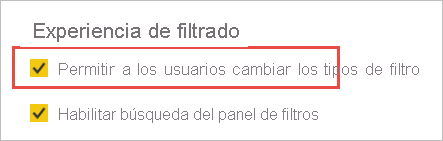 Screenshot of the Filtering experience section, highlighting Allow users to change filter types.
