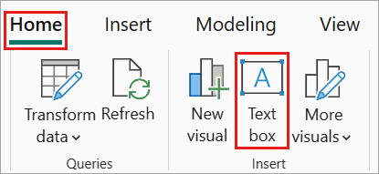captura de pantalla de Power BI Desktop, resaltando la opción insertar cuadro de texto.