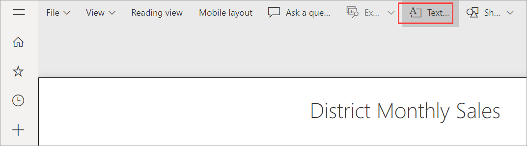 Captura de pantalla del servicio Power BI, resaltando la opción Cuadro de texto.