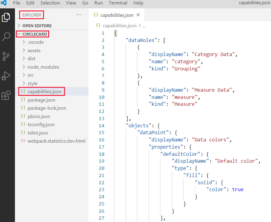 Captura de pantalla del acceso al archivo capabilities.json en VS&nbsp;Code.