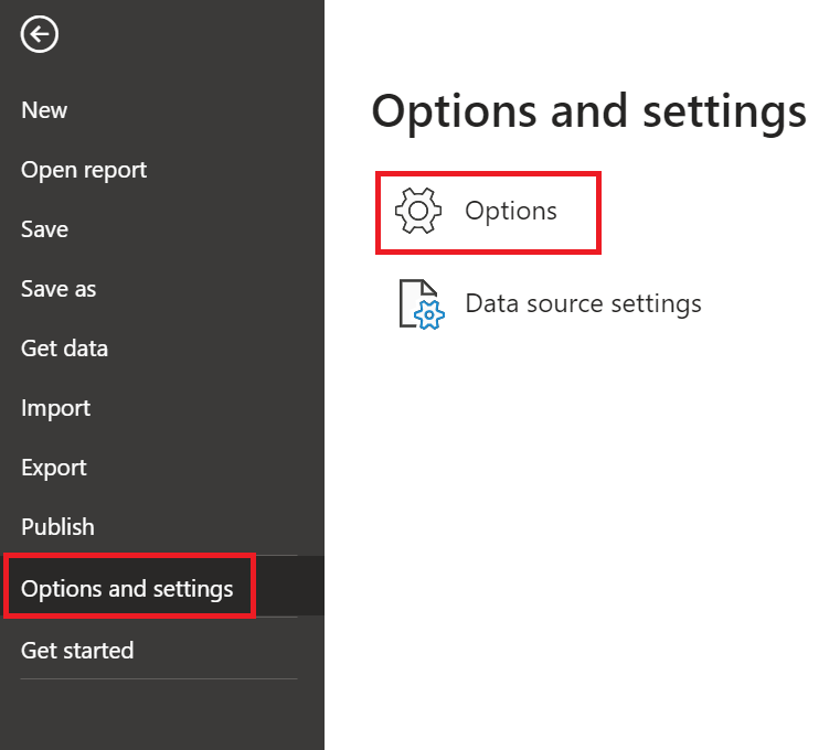 Captura de pantalla que muestra el menú Opciones en Power&nbsp;BI Desktop.