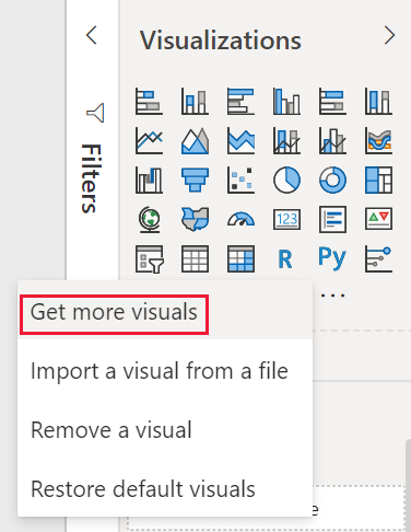 Captura de pantalla del panel Visualizaciones de Power&nbsp;BI, que muestra la opción Obtener más objetos visuales resaltada.