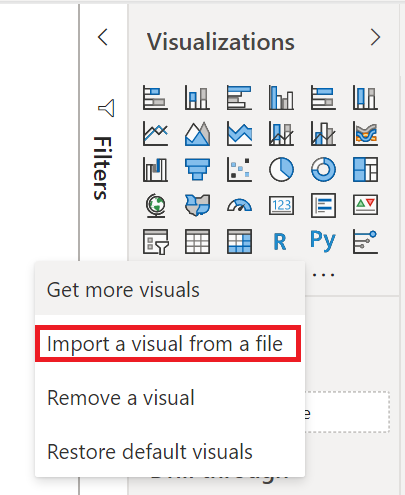 Captura de pantalla del panel Visualizaciones de Power&nbsp;BI, que muestra la opción Importar un objeto visual desde un archivo resaltada.