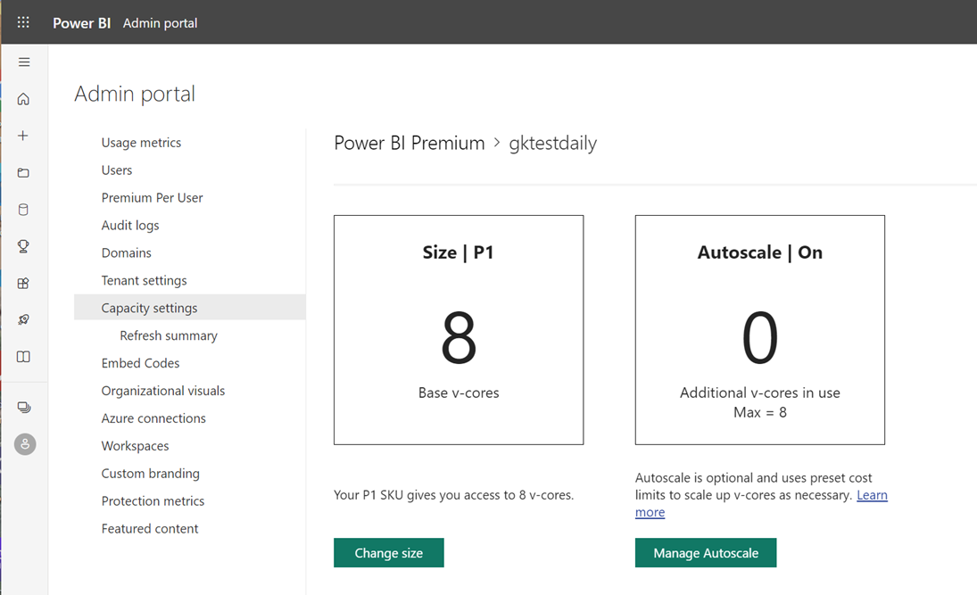 Captura de pantalla de la pantalla del portal de administración de Power BI que muestra la configuración de capacidad P1.