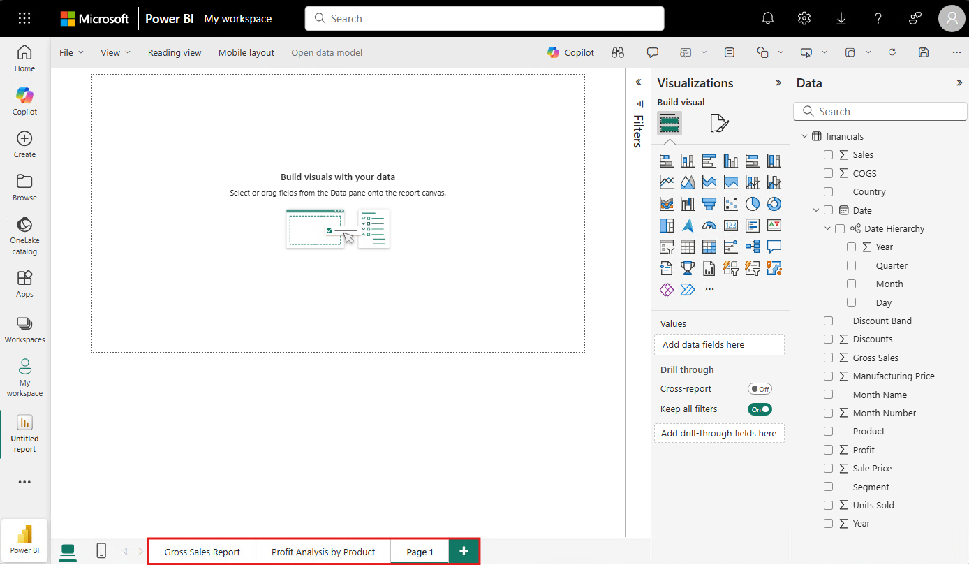 Captura de pantalla que muestra un lienzo de informe en blanco en Mi área de trabajo con los paneles Visualizaciones y datos abiertos.