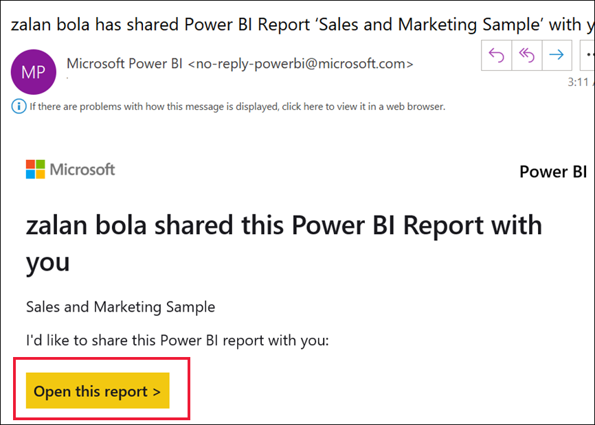 Captura de pantalla del servicio Power BI que muestra un correo electrónico enviado desde powerbi.com.