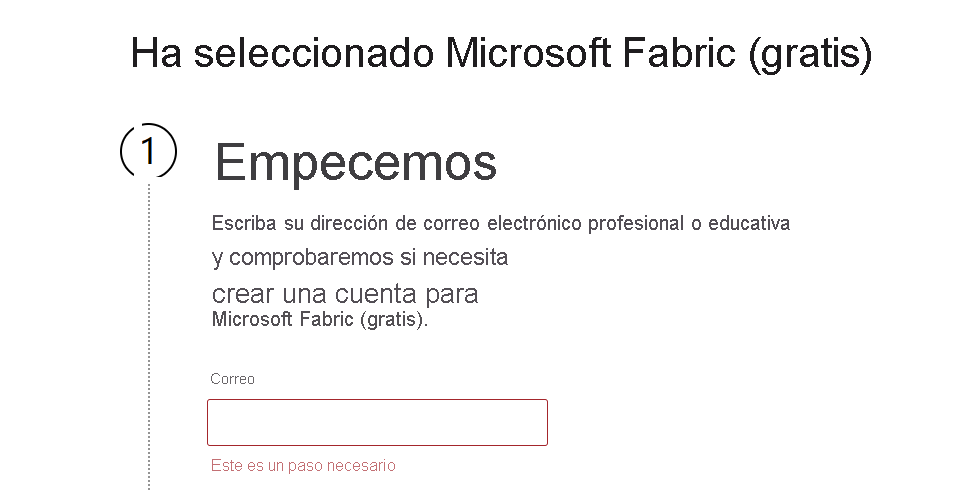 Captura de pantalla del servicio Power BI que muestra un mensaje pidiendo que se proporcione una nueva dirección de correo electrónico.