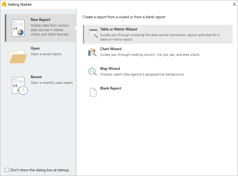 Captura de pantalla que muestra la pantalla Introducción de Report Builder.
