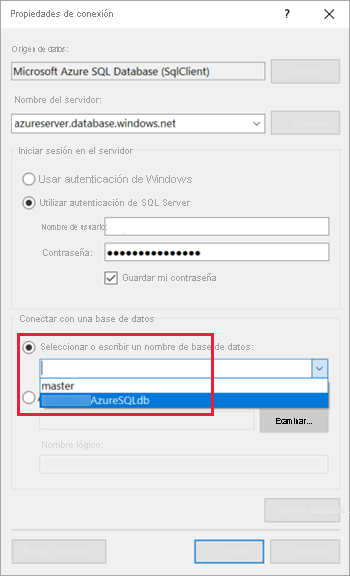 Captura de pantalla del cuadro de diálogo Propiedades de conexión, en la que se muestra dónde encontrar las opciones Conectarse a una base de datos.