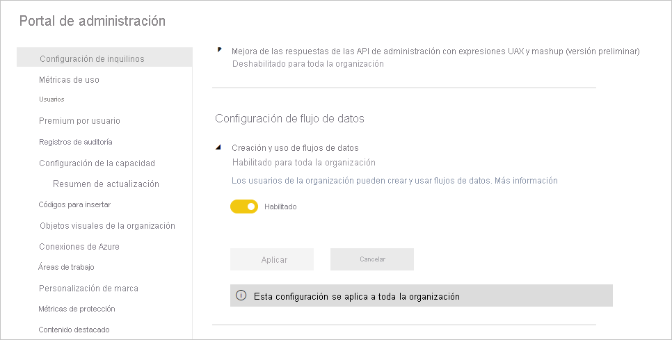 Portal de administración para flujos de datos en Power&nbsp;BI Premium