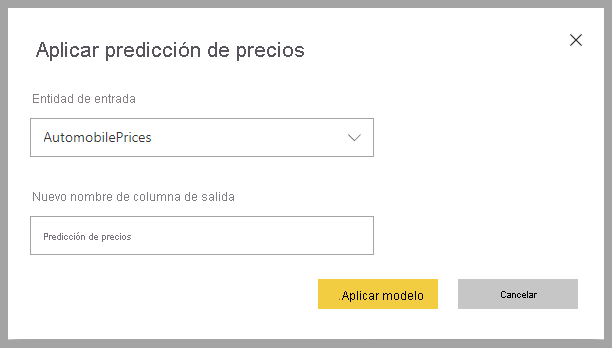 Captura de pantalla del cuadro de diálogo Aplicar predicción de precios.