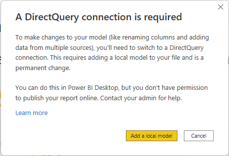 Captura de pantalla que muestra el mensaje de advertencia que informa al usuario de que no se permite la publicación de un modelo compuesto que usa un modelo semántico de Power BI, ya que el administrador no permite las conexiones de DirectQuery. El usuario todavía puede crear el modelo mediante Desktop.