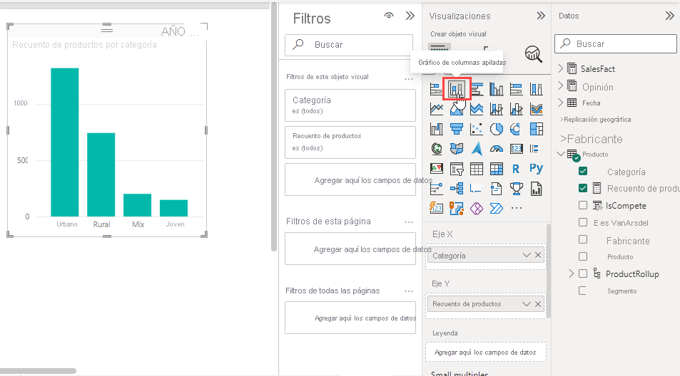 Captura de pantalla en la que se muestra el botón Gráfico de columnas apiladas.