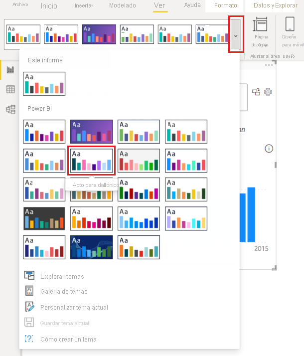 Captura de pantalla que muestra cómo seleccionar el menú desplegable Temas en Power BI Desktop.