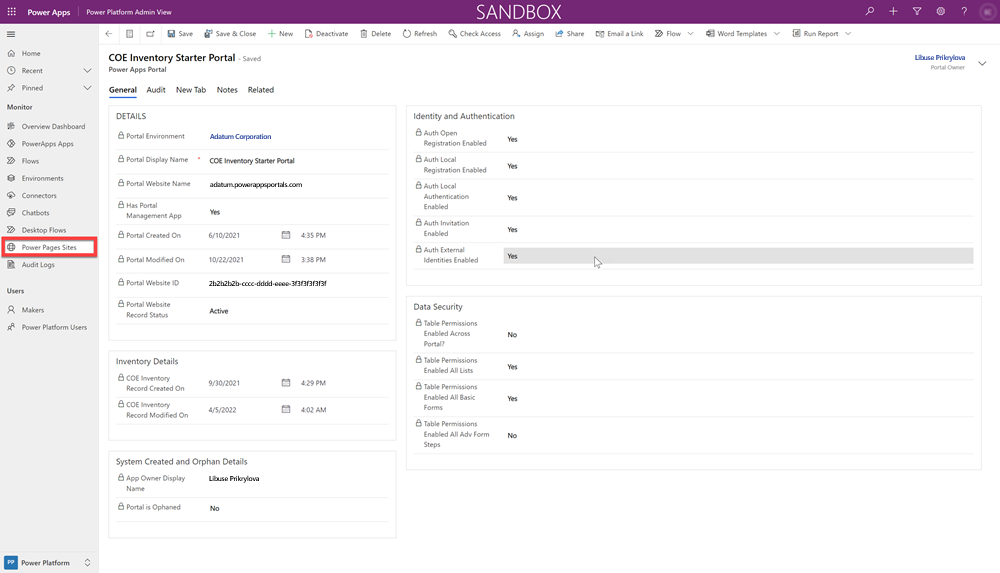 Rexistro de inventario de Power Pages de COE
