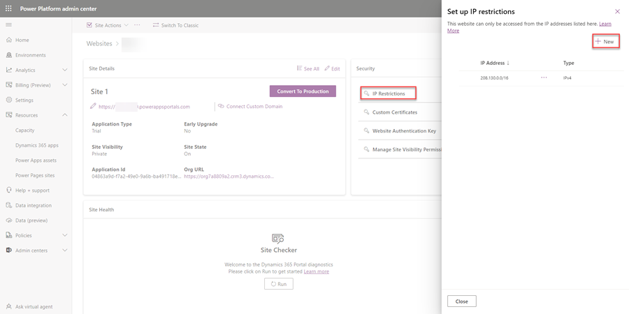 Configure a restrición de enderezos IP.