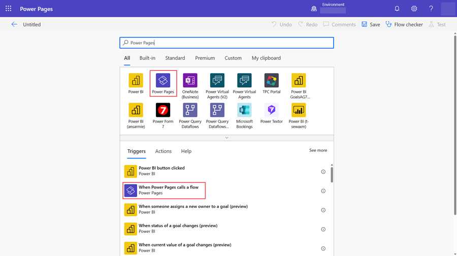 Selección das opcións de Power Pages en Power Automate.