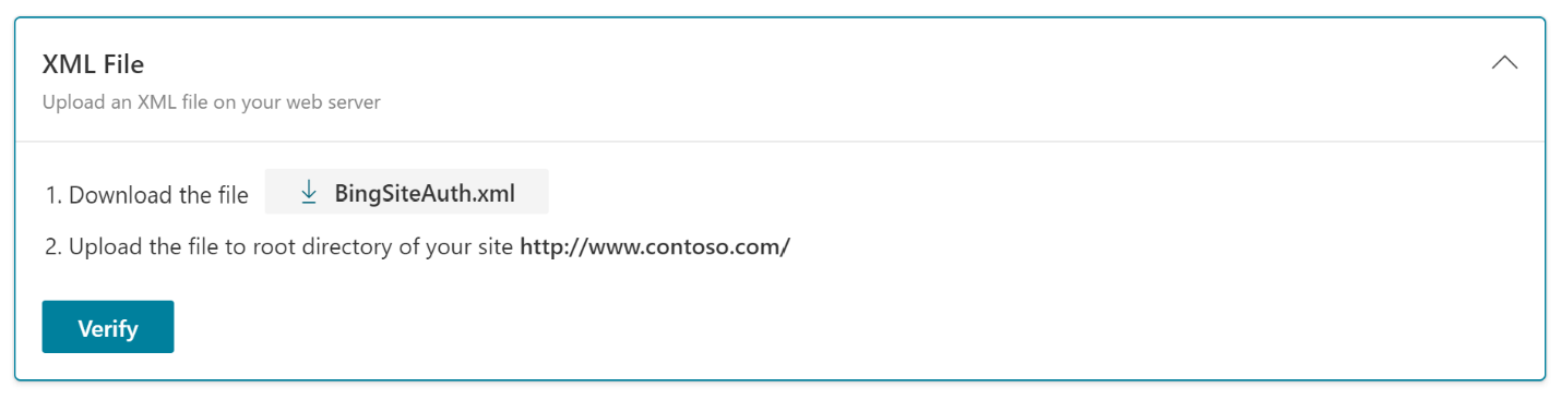 Captura de pantalla da opción Ficheiro XML en Bing Webmaster Tools.