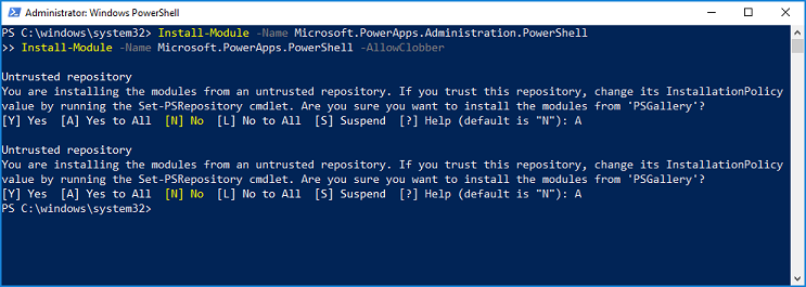 Captura de pantalla que mostra onde aceptar o valor de InstallationPolicy en PowerShell.