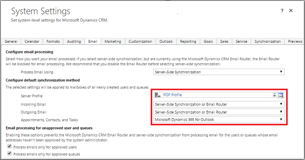 Configuración do sistema para a sincronización no servidor Captura de pantalla que mostra a configuración do sistema para a sincronización do lado do servidor.