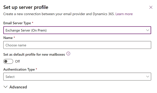 Captura de pantalla da selección do perfil de Exchange Server No perfil do servidor Prem