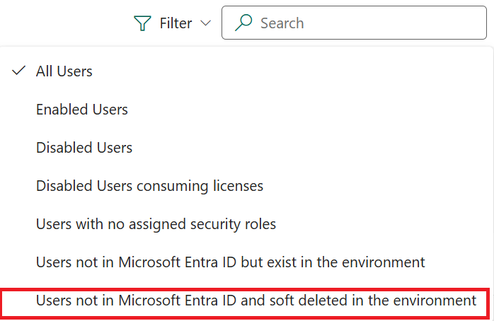 Seleccione Filtro no menú superior para os usuarios que non estean en Entra.