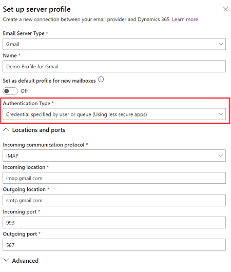 Crear un novo perfil de servidor para Gmail usando as credenciais especificadas polo usuario ou fila Captura de pantalla que mostra a creación dun novo perfil de servidor para Gmail usando a credencial especificada polo usuario ou a cola.