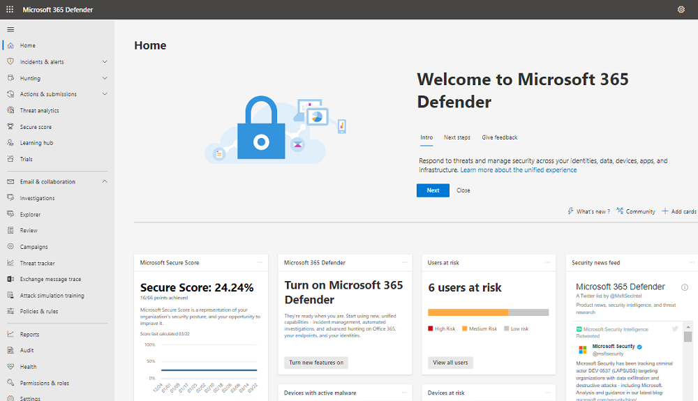 Microsoft 365 Defender páxina.