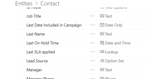 Unha lista parcial dos campos da táboa Contactos en Dataverse.